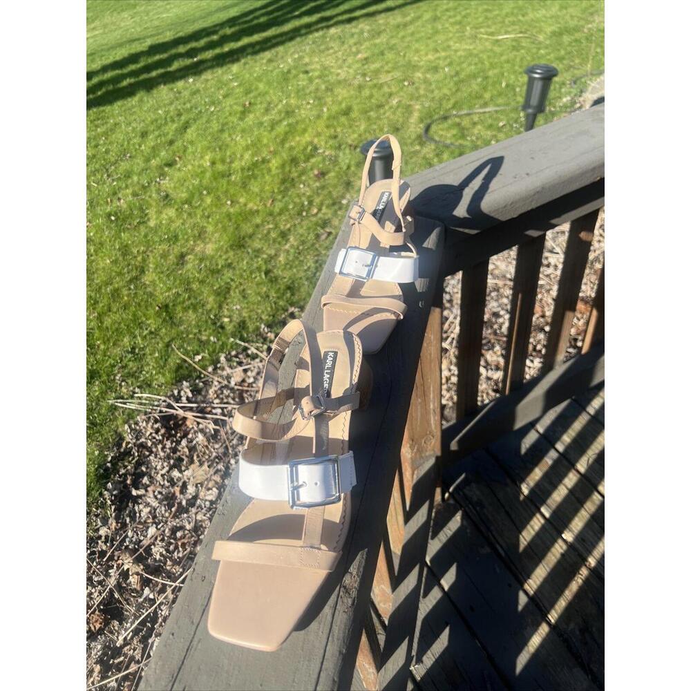 Vintage LAGERFELD Maja Open Toe Slingback Sandal Wo's 10M BEIGE  Lthr  Vinyl